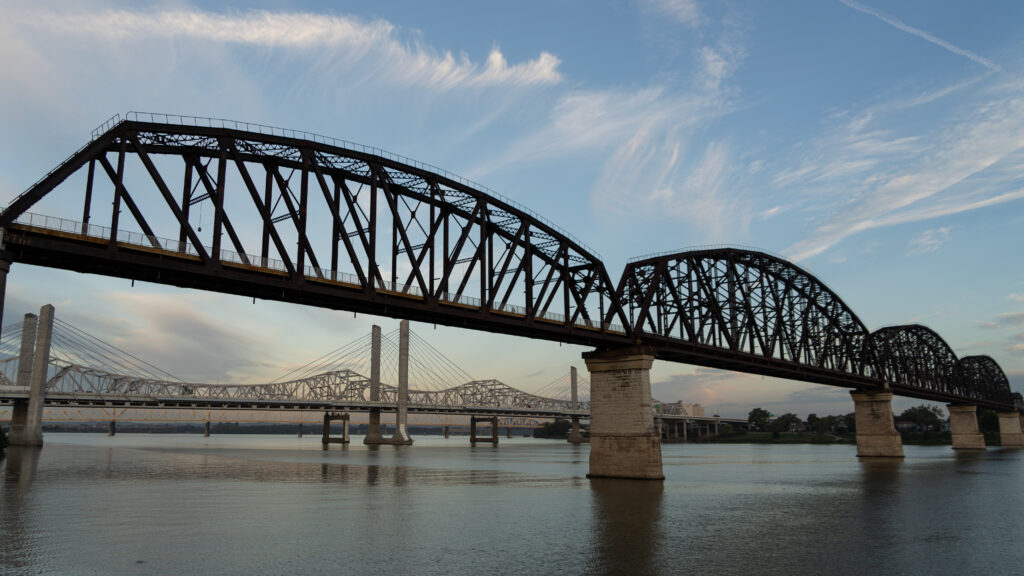 Three bridges across the Ohio River in Louisville, KY.